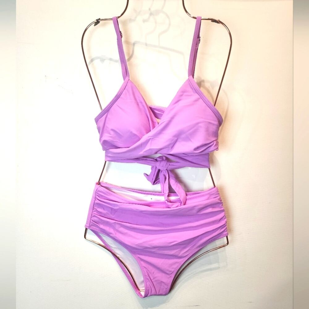 New 2 Piece High Waisted Bikini Lavender Purple Wrap Womens Size‎ S